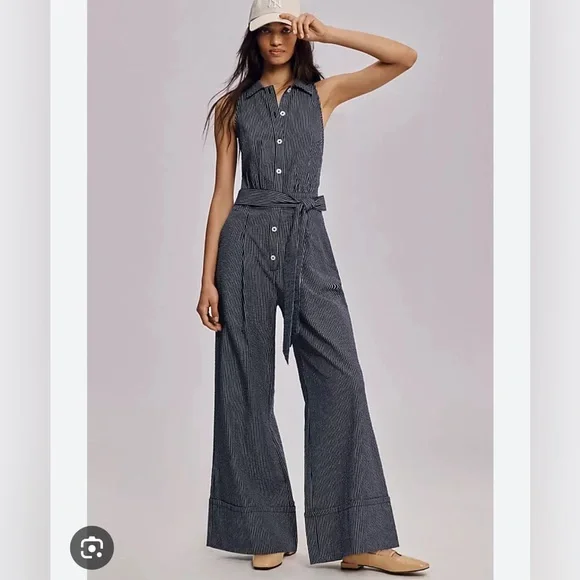 Anthropologie Navy Pinstripe Jumpsuit - Picture 1 of 6